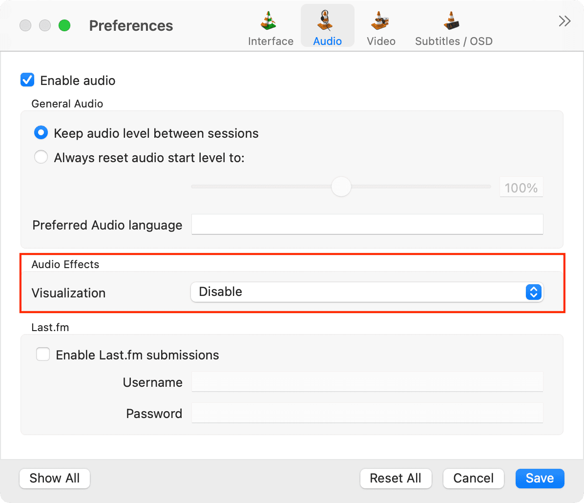 Disable Audio Effects in VLC settings on Mac