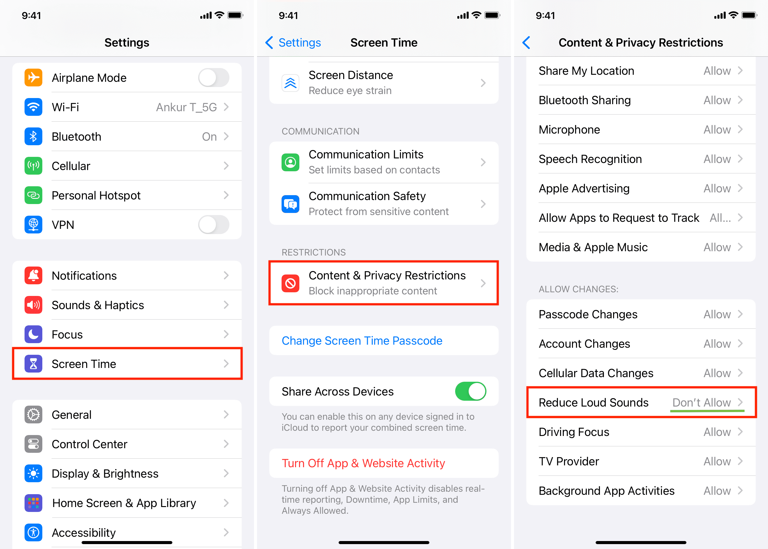 Don't allow Reduce Loud Sounds to change from iPhone Screen Time settings