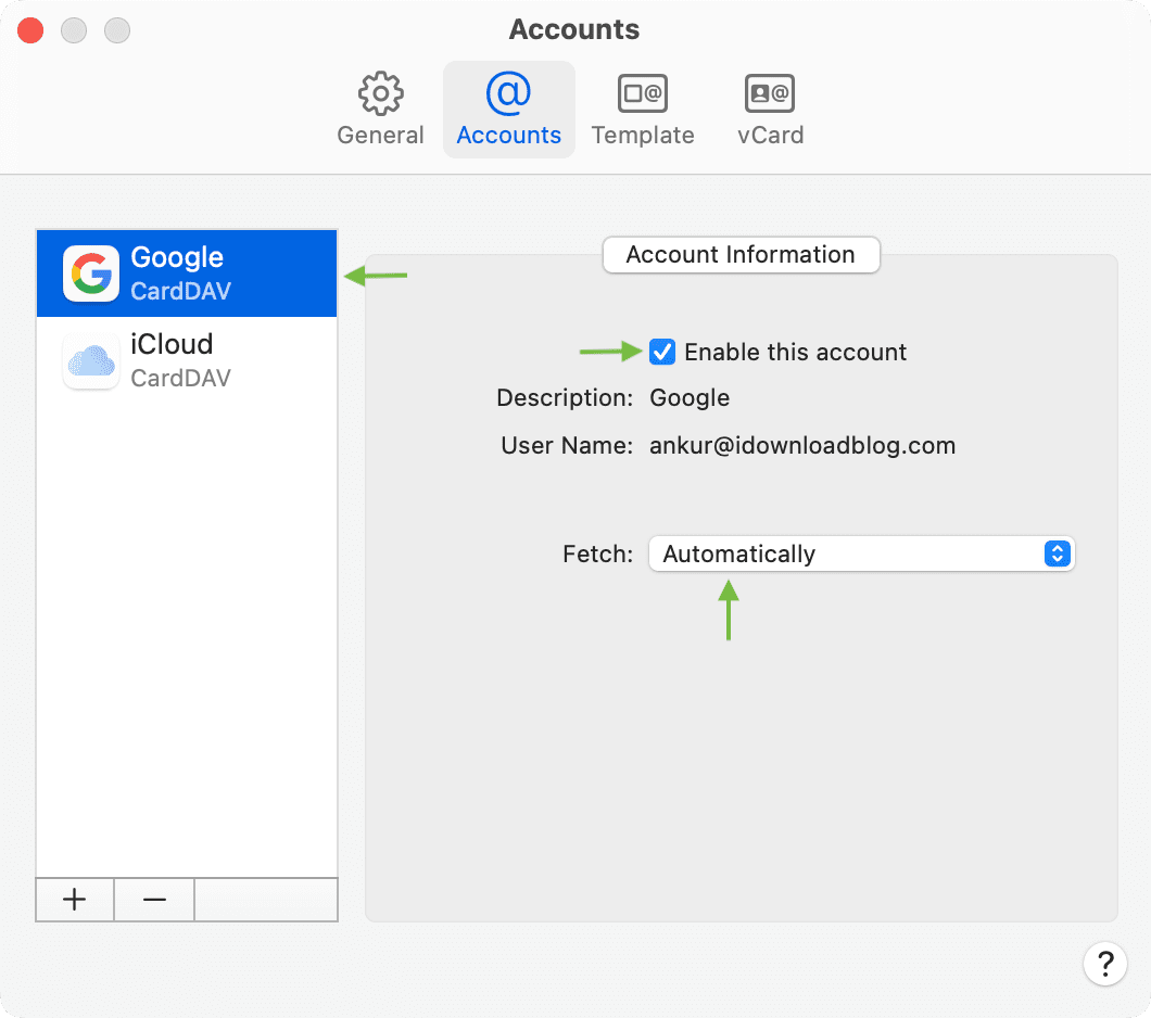 Enable this account in Mac Contacts app settings