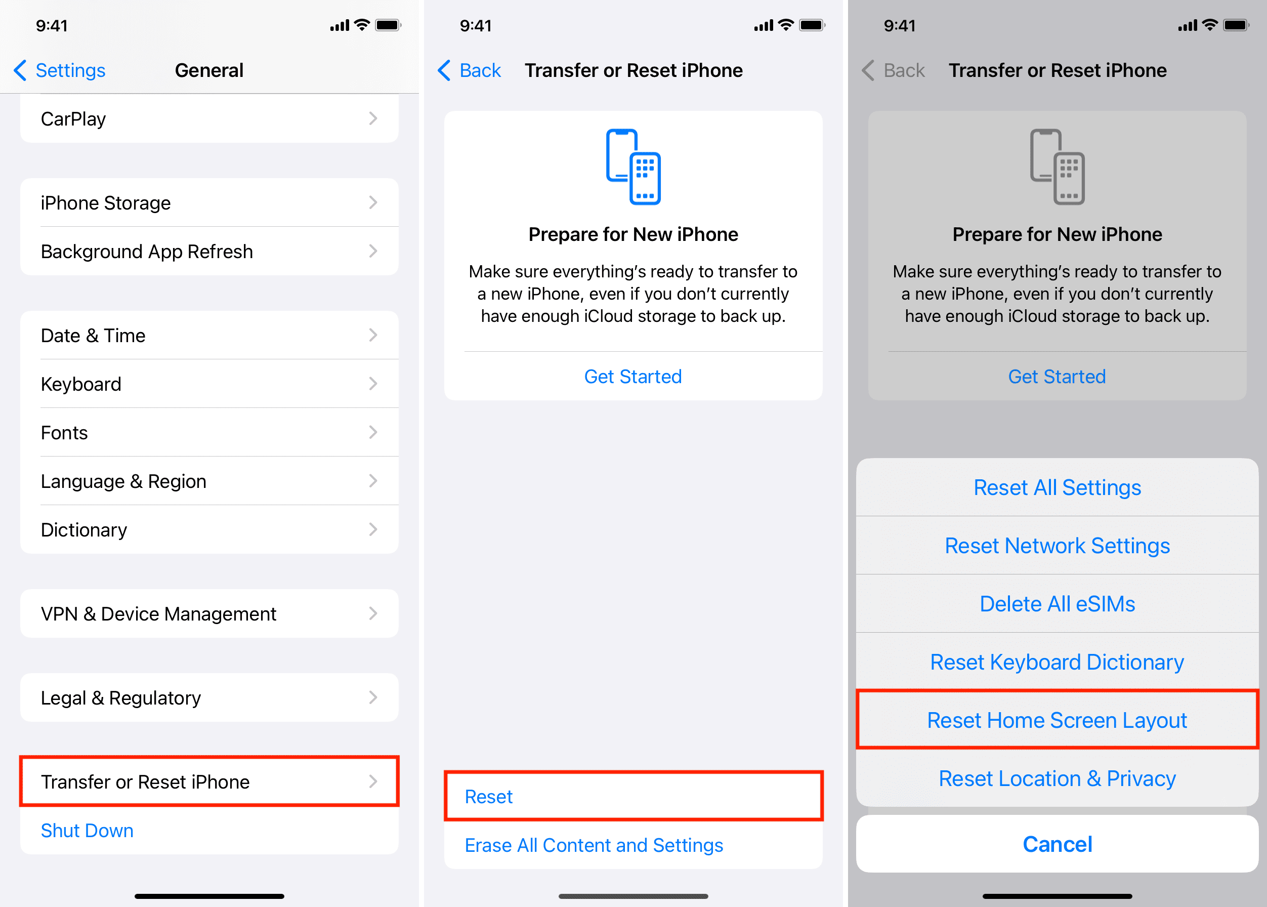 Three highlighted screenshots showing how to reset Home Screen layout on iPhone