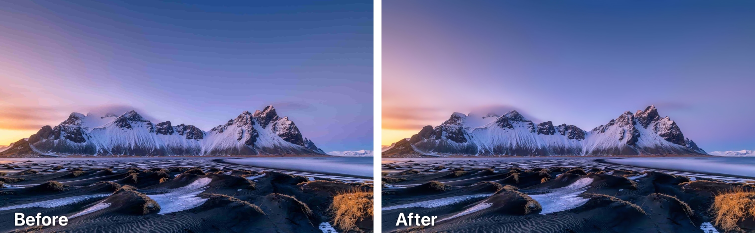 Before vs. after sunset landscape image showcasing the Smart Deband feature in Photomator