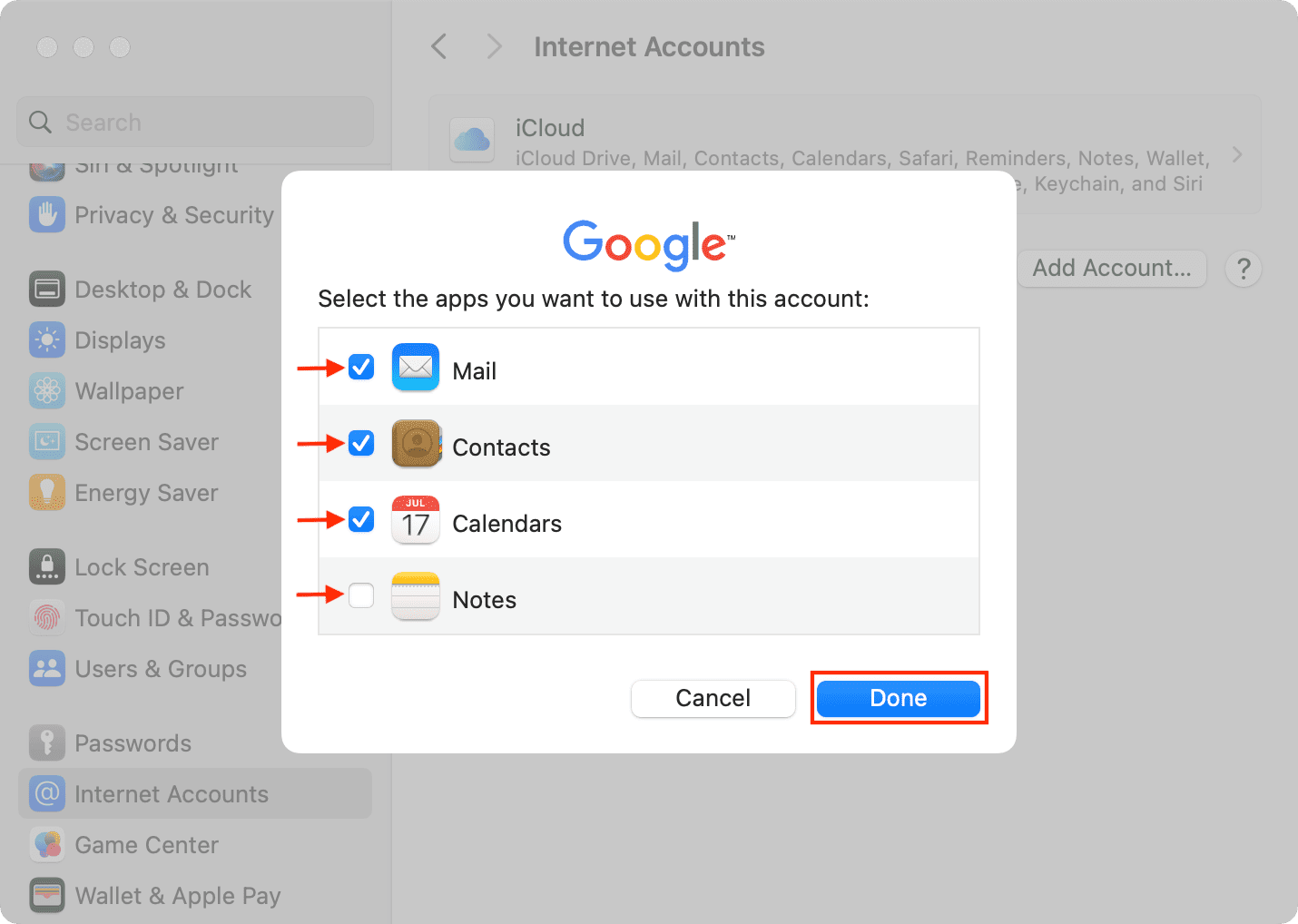 Select the apps you want to use with Google account on Mac