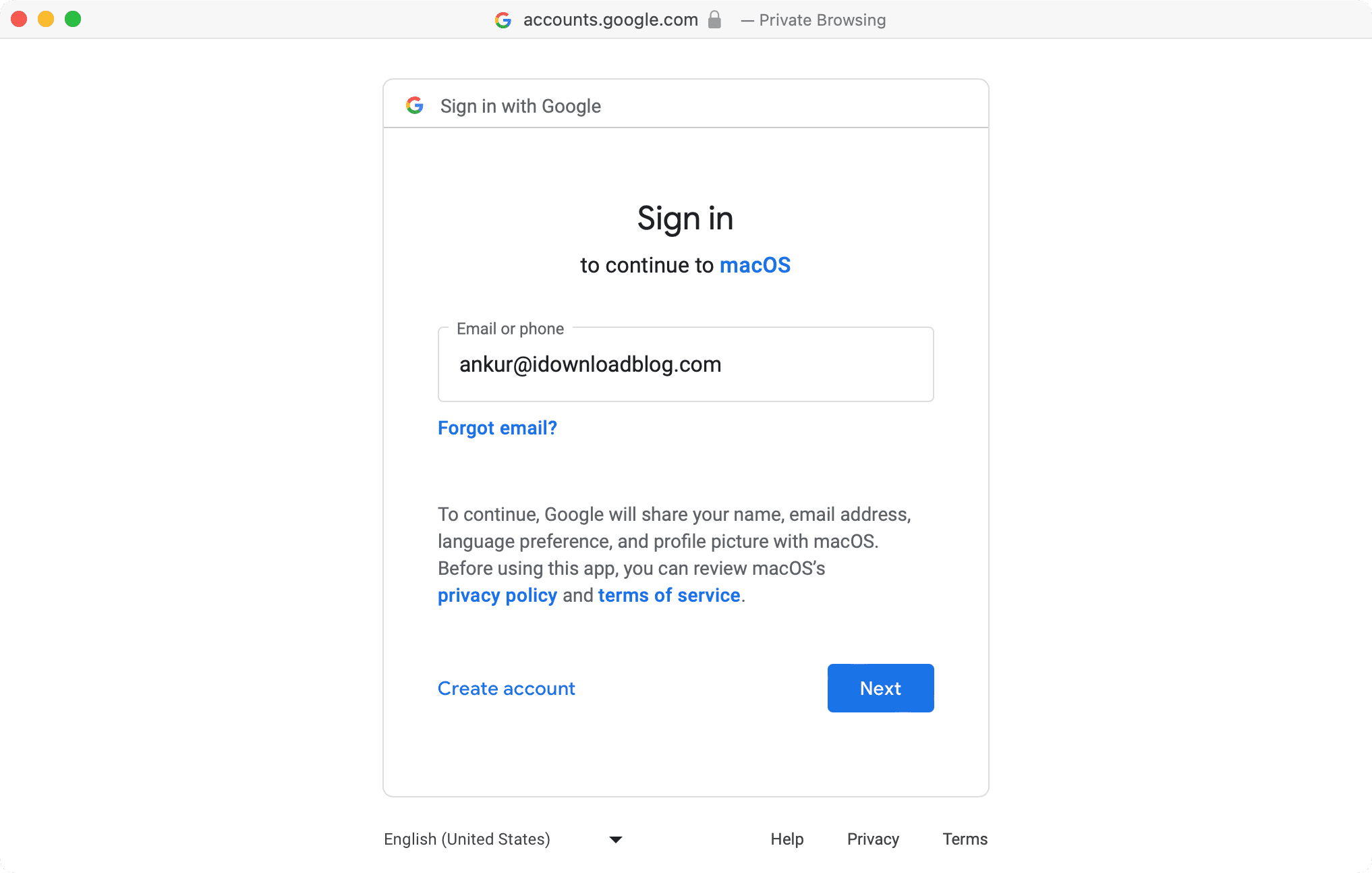 Sign in to continue to macOS screen