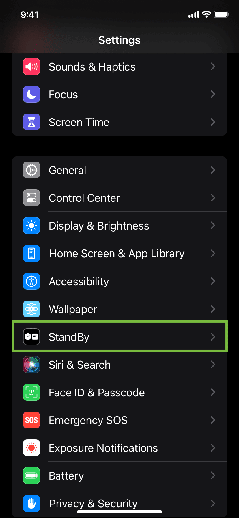 StandBy in iPhone Settings app
