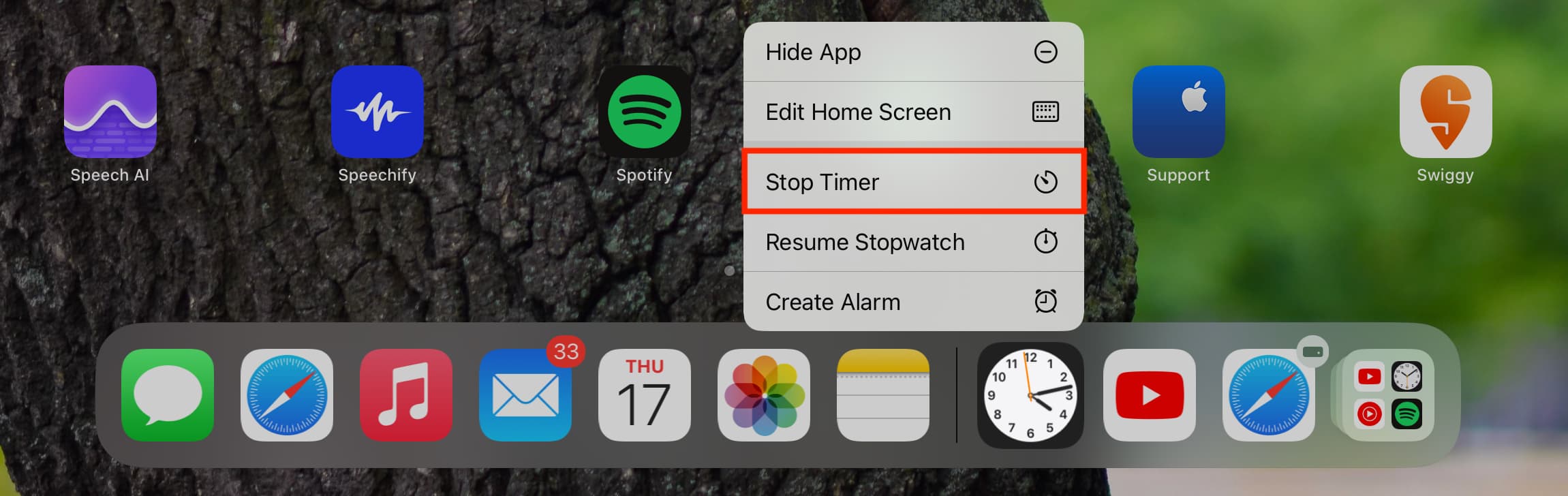 Stop Timer quick action on iPad Home Screen