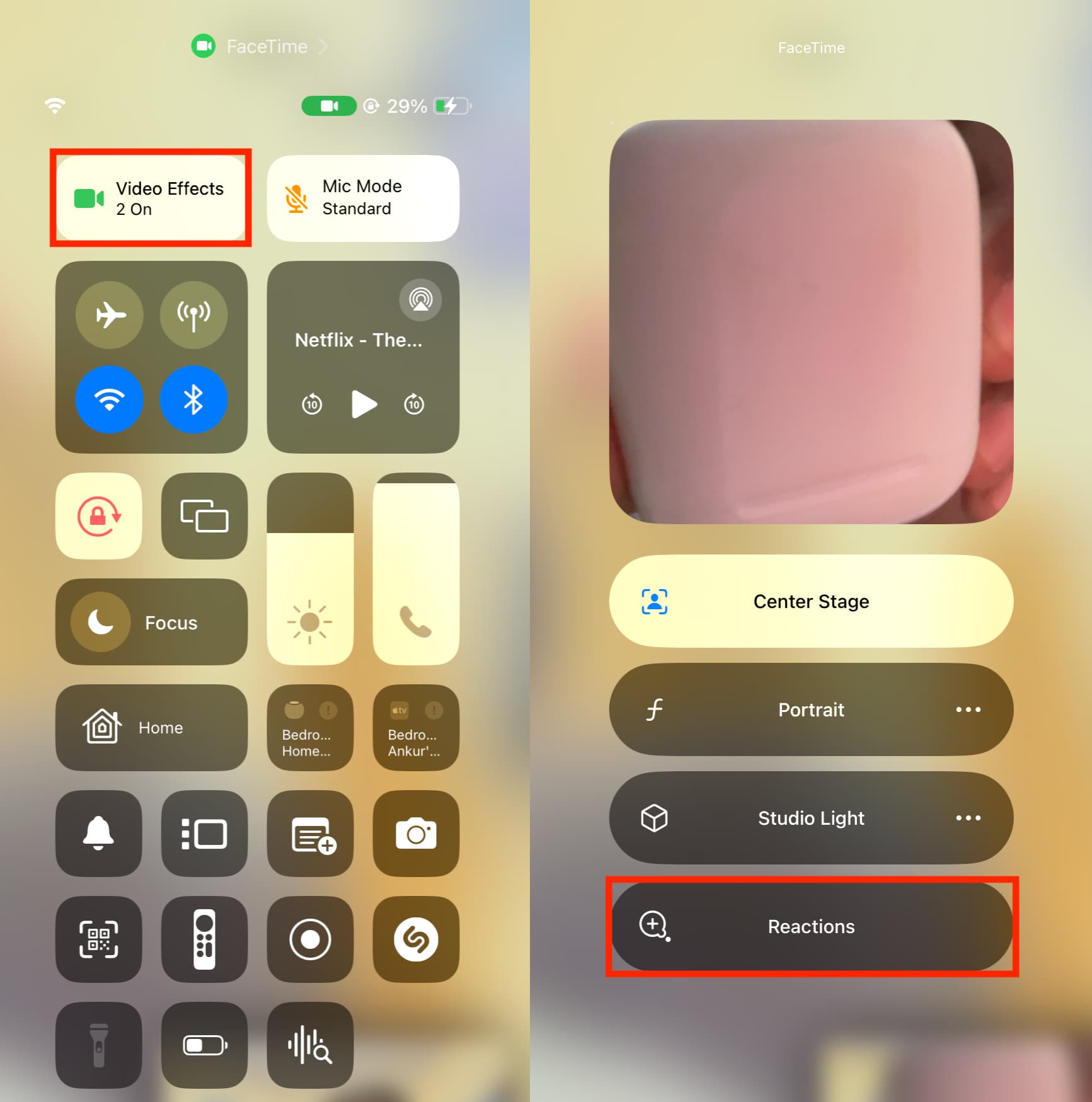 Turn off FaceTime reactions from iOS Control Center