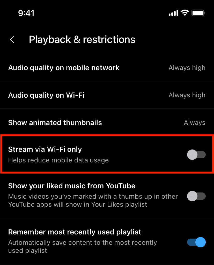 Turn off Stream via Wi-Fi only in YouTube Music