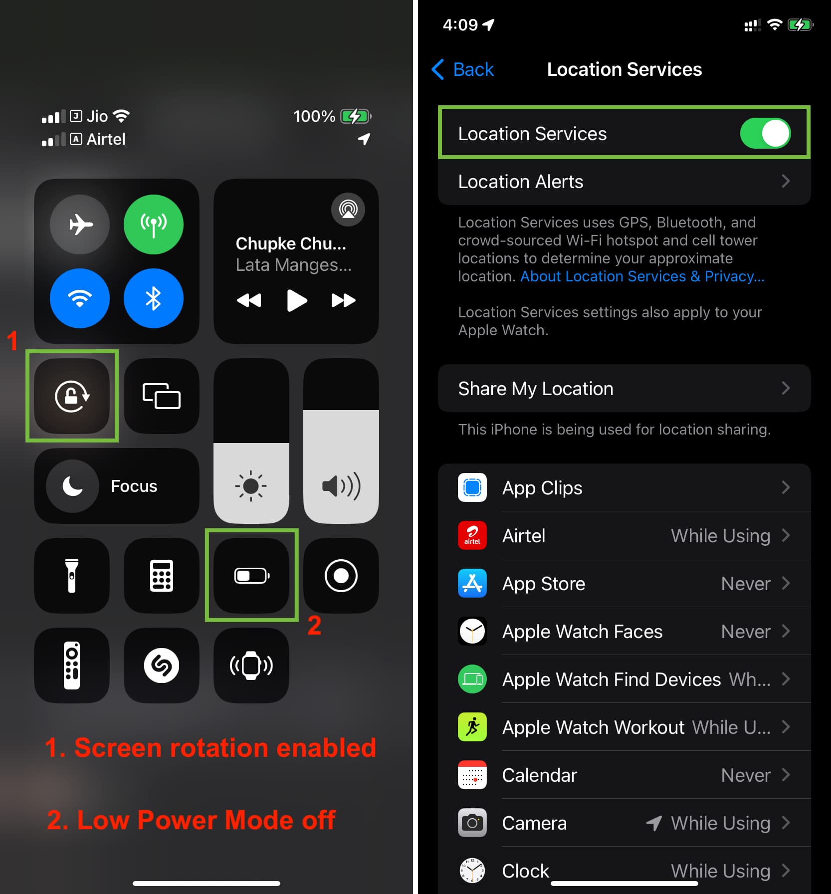 iPhone Low Power Mode off, screen rotation on, and location services enabled