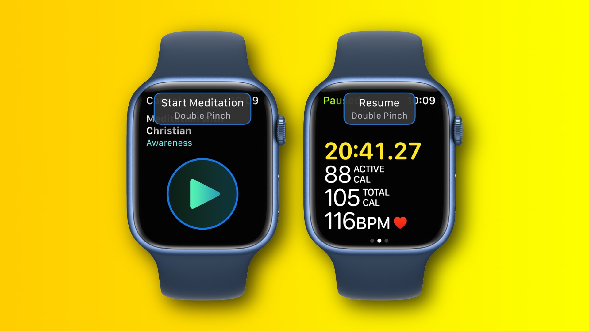 Using Apple Watch hand gestures to start a meditation session and resume a workout
