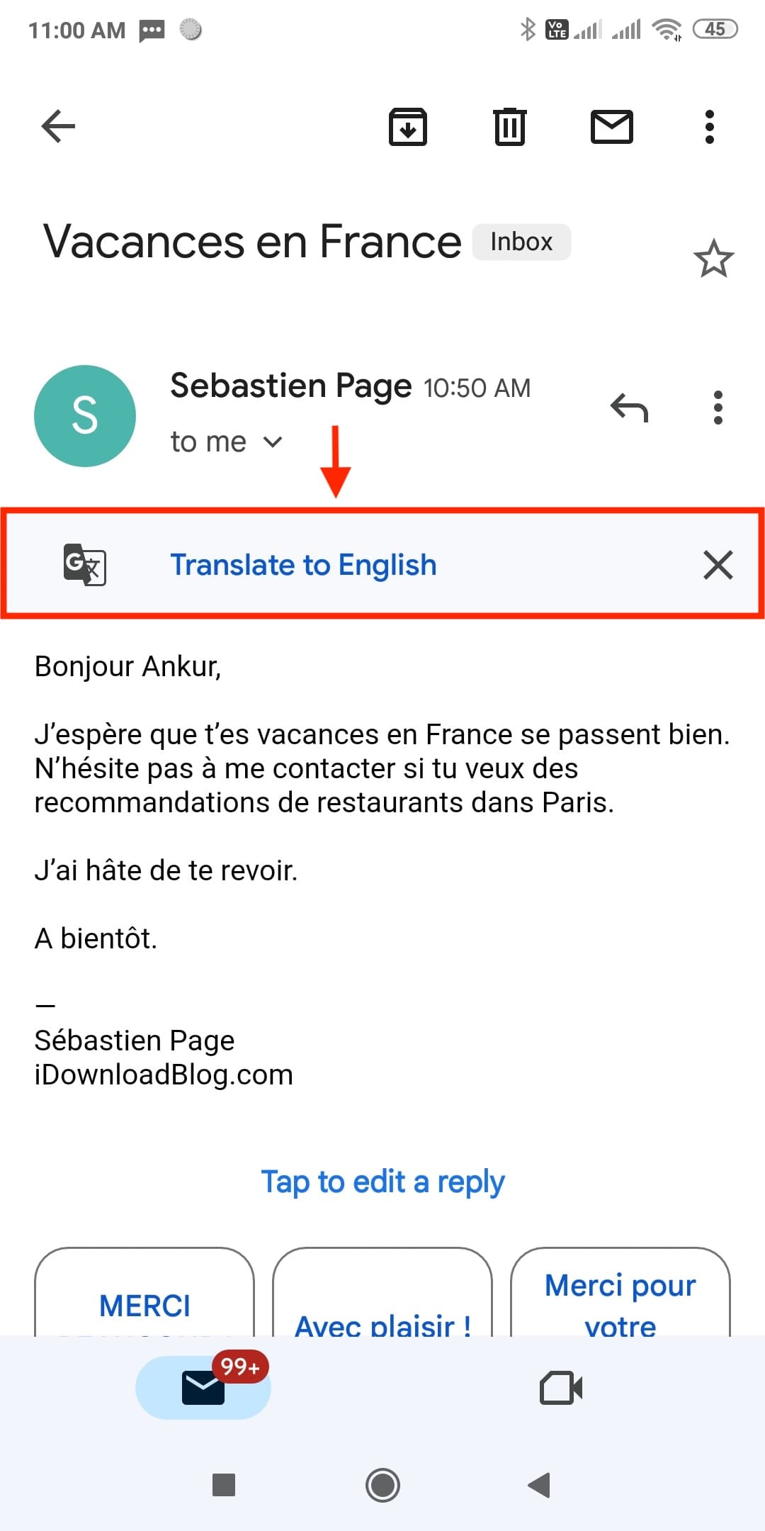 Automatic email translation suggestion in Gmail app