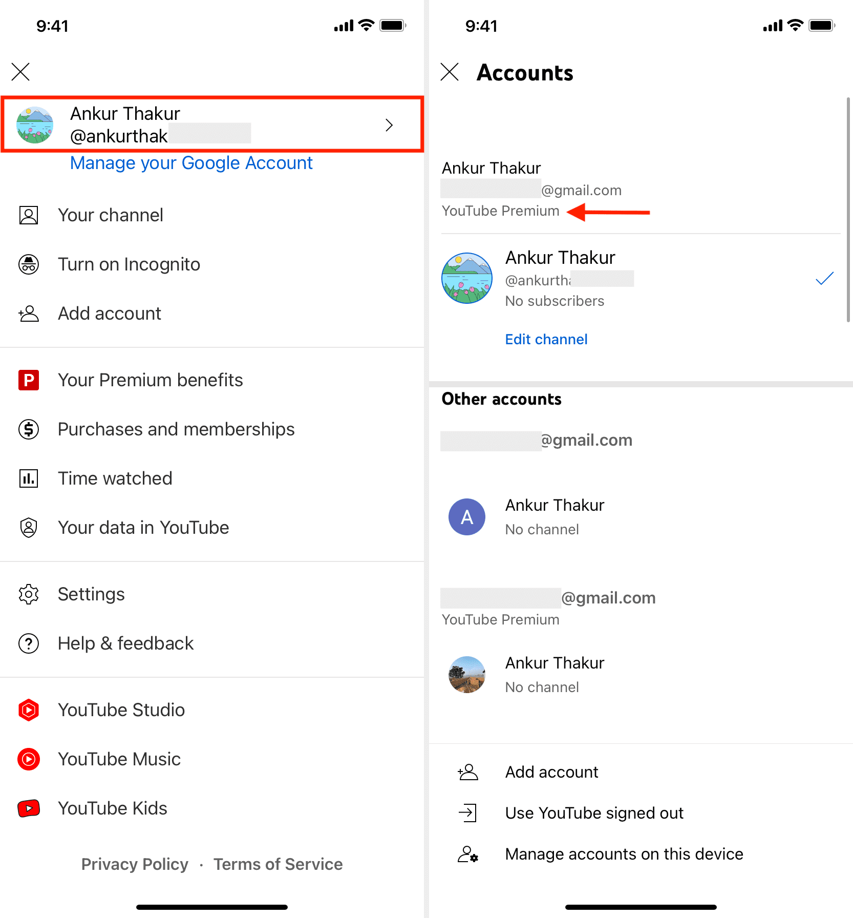 Choose YouTube Premium account in YouTube app on iPhone