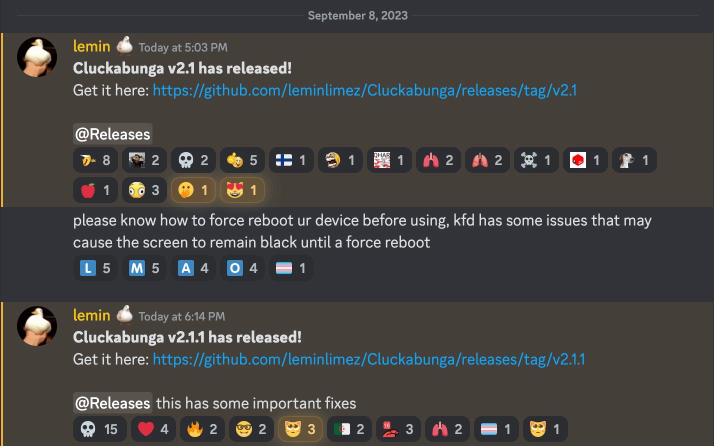 Cluckabunga versions 2.1 and 2.1.1 announced via Discord.