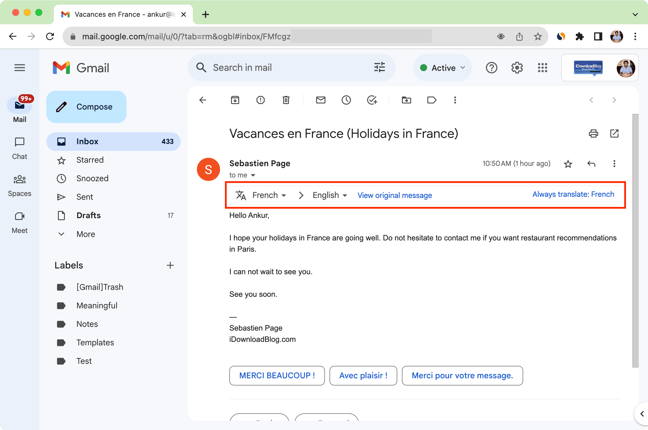 Email translated from French to English in Gmail on web