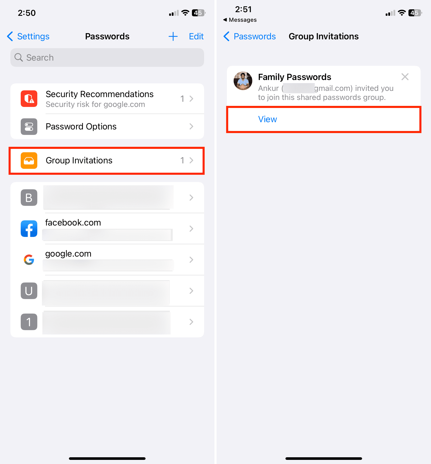 Group Invitations in iPhone Password settings to join a shared group