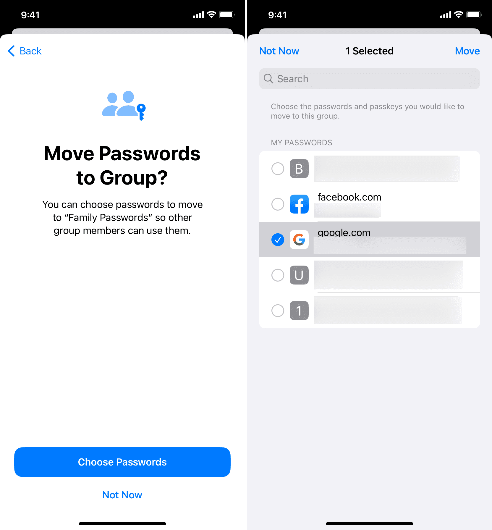 Move Passwords to Group alert on iPhone