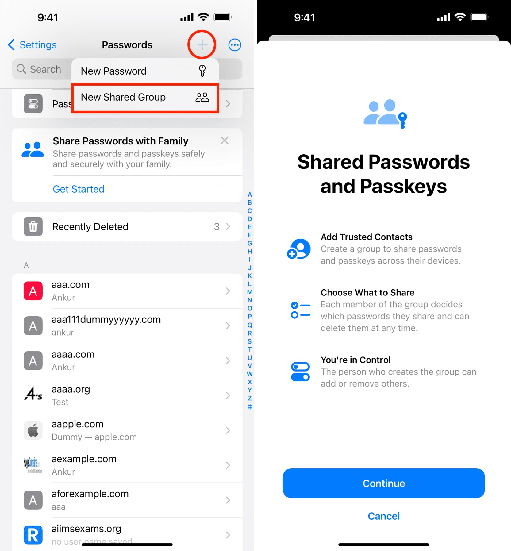 New Shared Group for Passwords on iPhone
