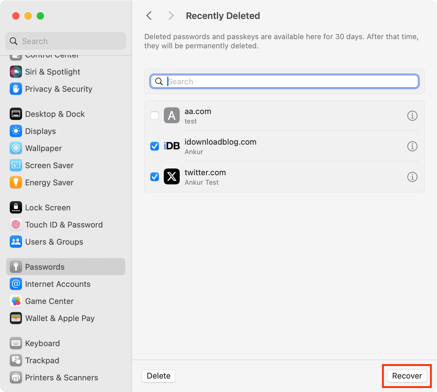 Recovering a deleted password on Mac from System Settings