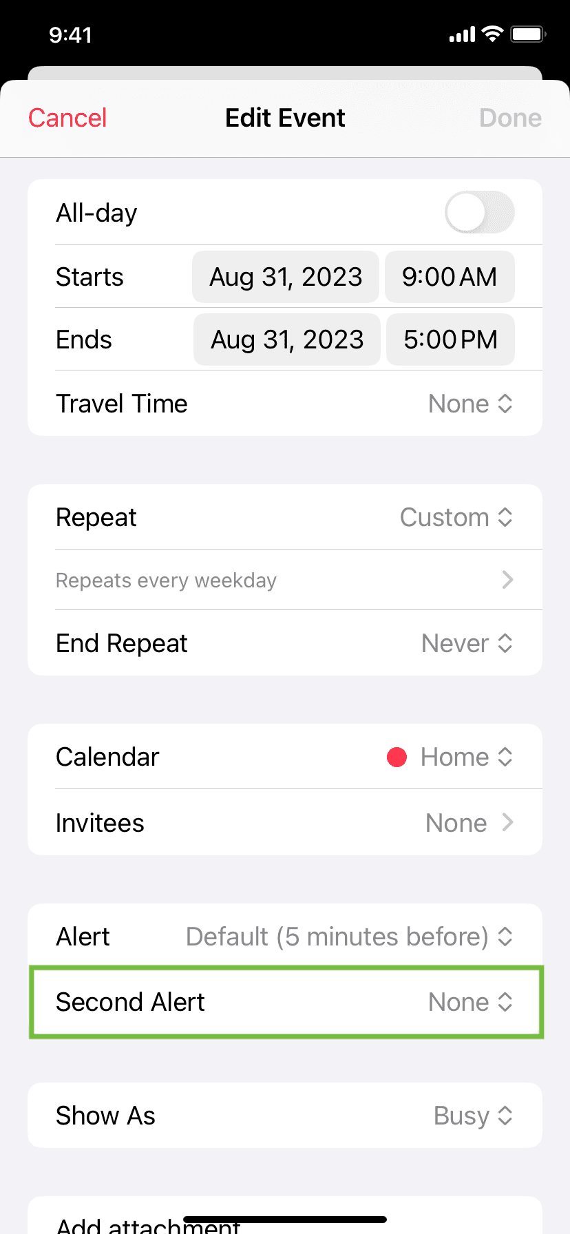 Second alert set to none for calendar event on iPhone