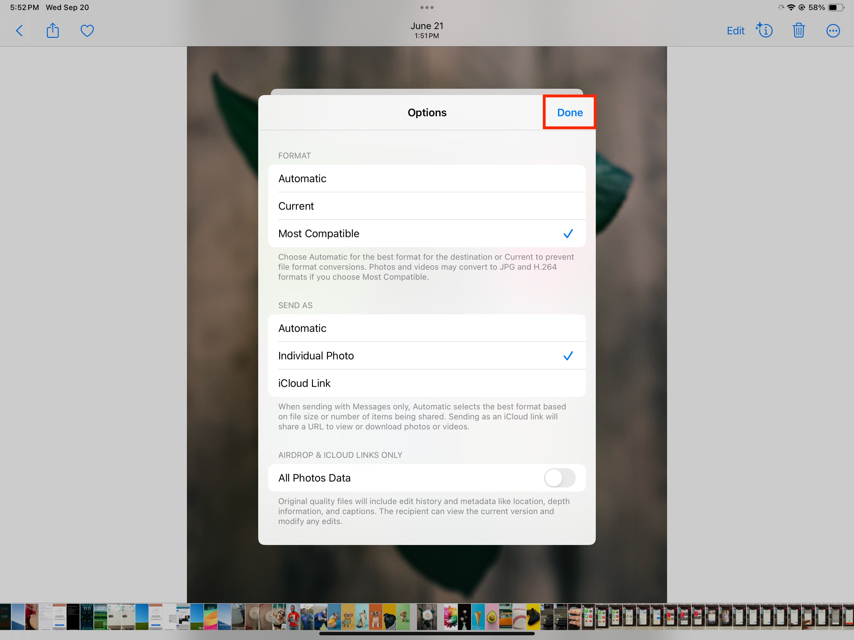Select Most Compatible format before sharing photo from iPad