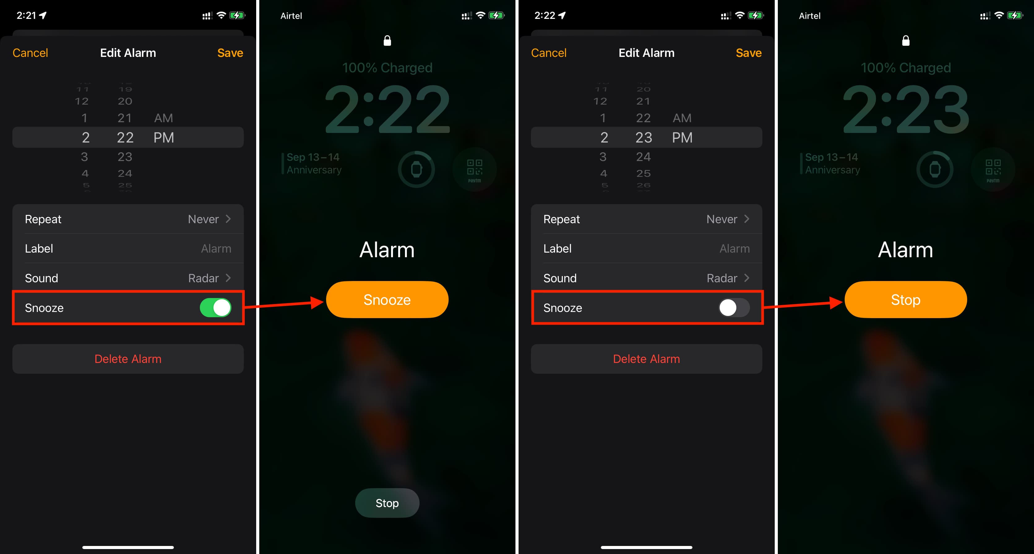 Snooze and Stop alarm buttons on iPhone