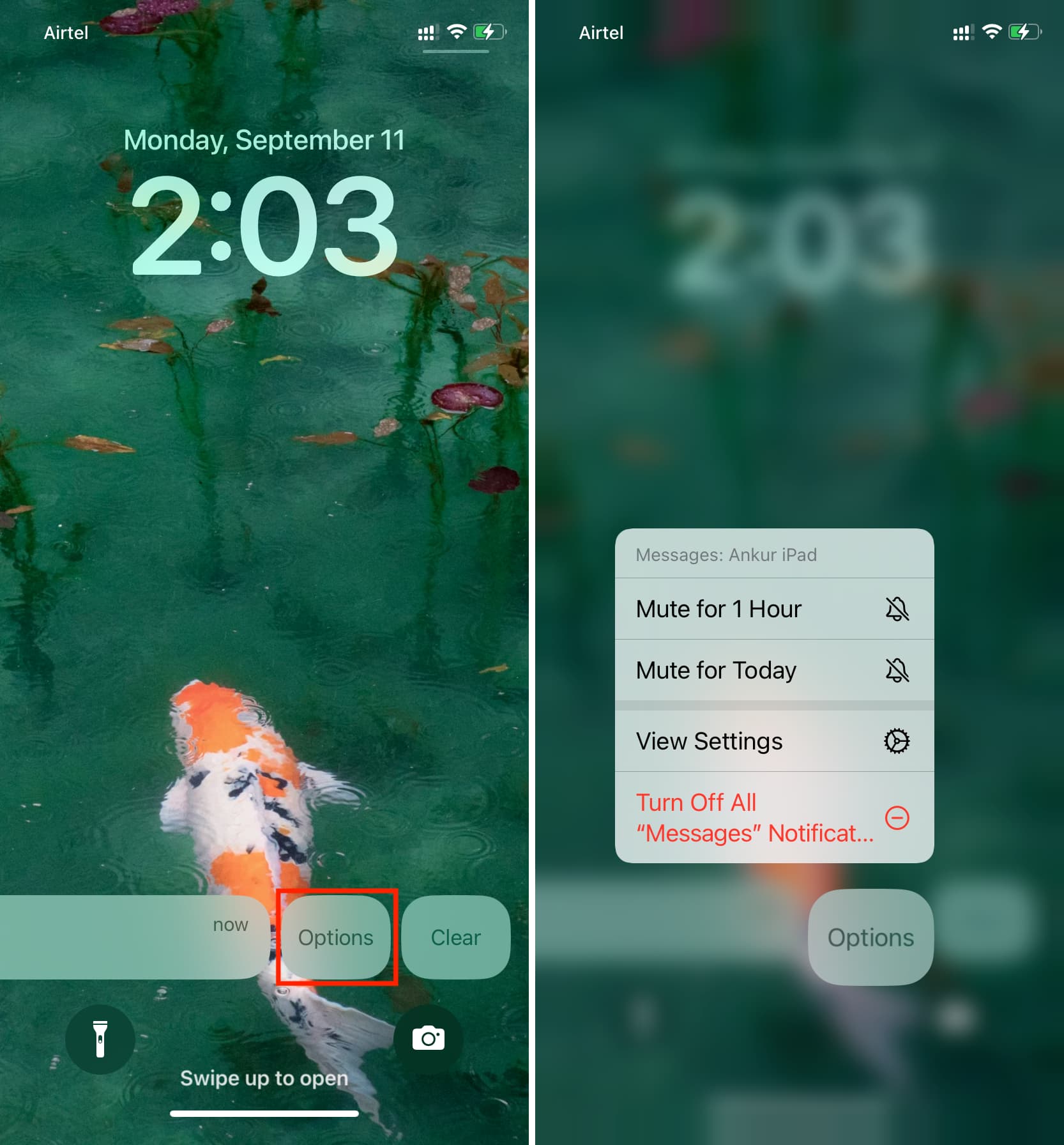 Tap Options for a notification on iPhone Lock Screen