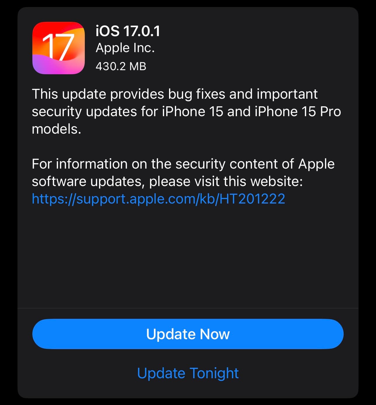 iOS 17.0.1 software update.
