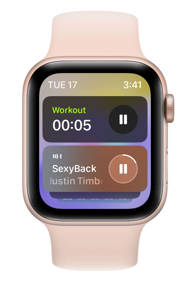 Music and Workout widgets automatically showing in Smart Stack on Apple Watch running watchOS 10