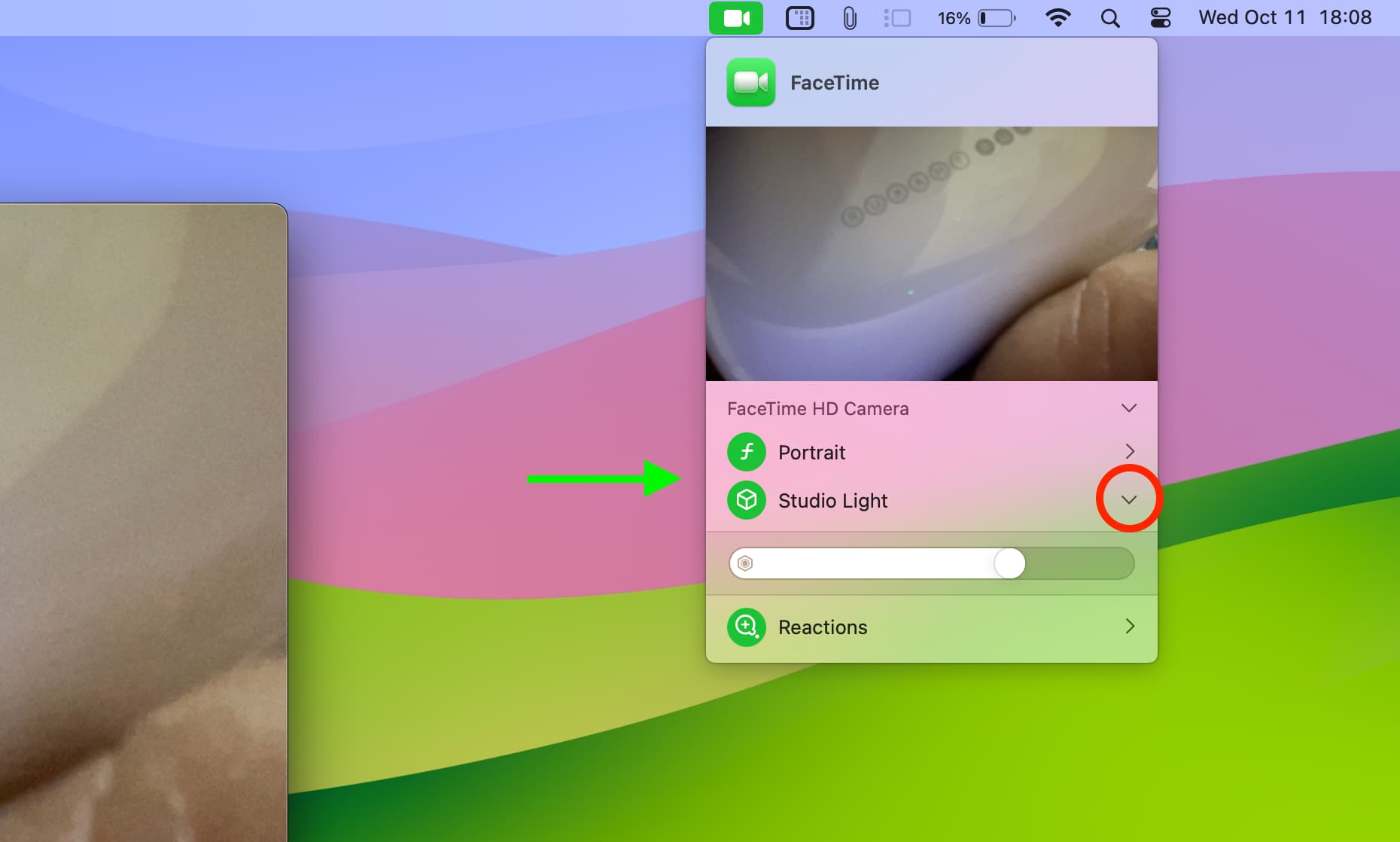 Portrait, Studio Light and Reactions options for video call on Mac