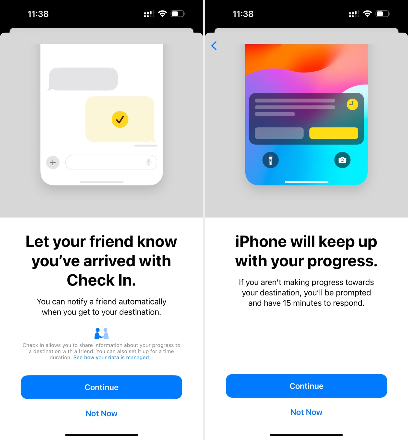 Tap Continue on Check In splash screens on iPhone